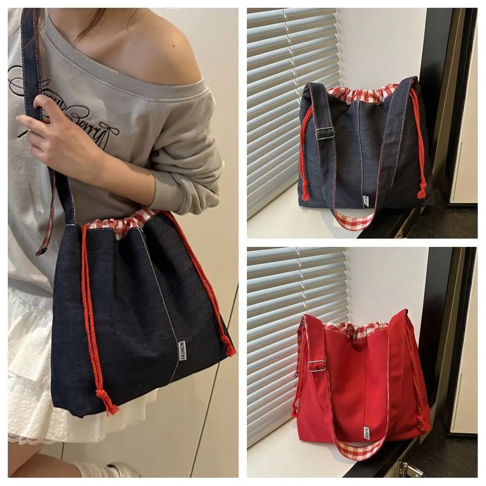 

All-match Cloth Drawstring Bucket Bag Retro Large Capacity Denim Canvas Bag Geometric Handbag Tote Bag Women