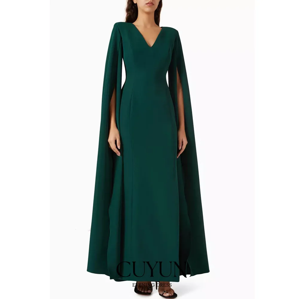 

CUYUN Customized Dark Green Dinner Party Dresses V-Neck Cape Sleeves with Slit Floor-Length Elegant Prom Evening Gown Wedding