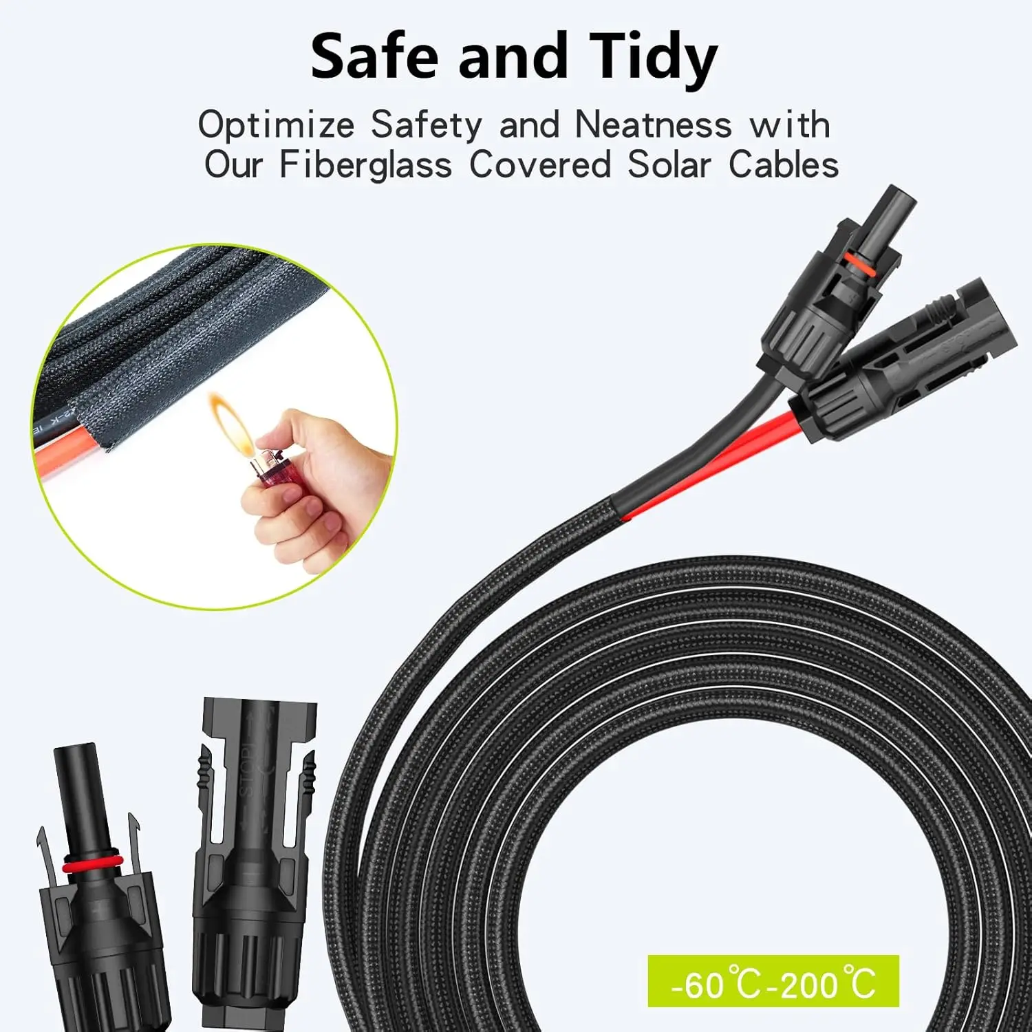 50Ft 10Awg Solar Cable Extension With Protection Cover, Solar Wire With Tool-Free Solar Connectors, Ip68 Waterproof Pv Cable,