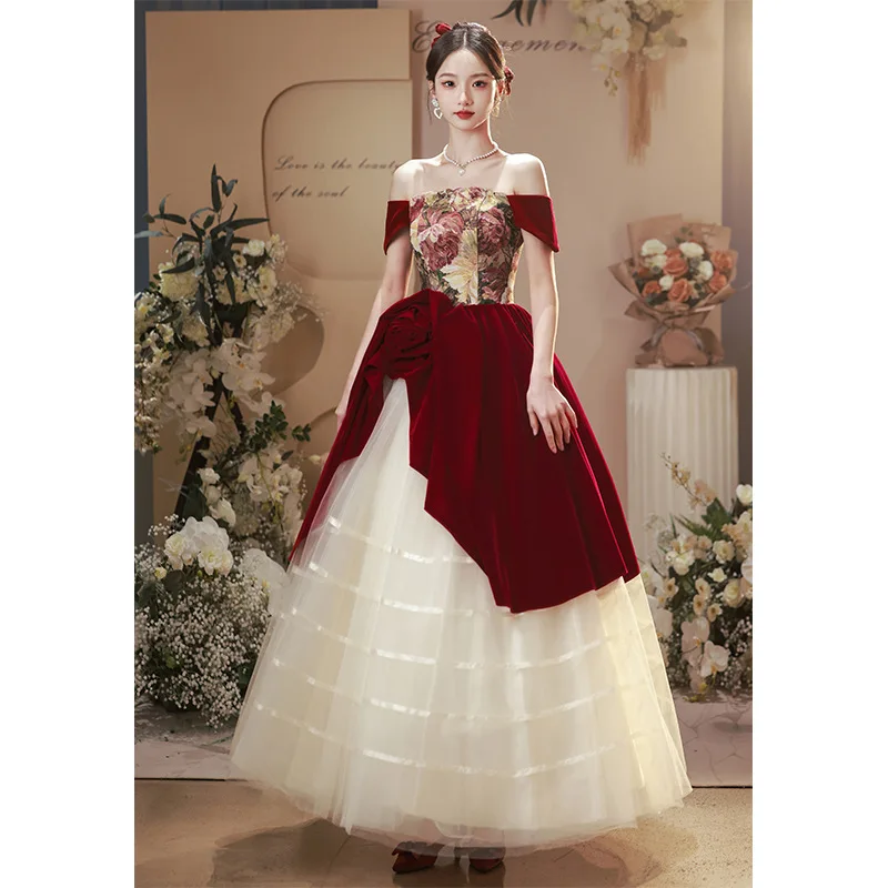 

Vintage Wine Red Quinceanera Dresses Fashion Tiered Tulle Ball Gown Prom Classic Off The Shoulder Flower Vestido De Debutante