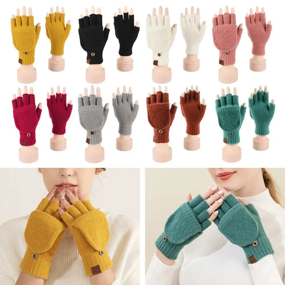 

Women Winter Warm Thickening Wool Gloves Knitted Flip Fingerless Exposed Finger Thick Gloves Without Fingers Mittens Glove