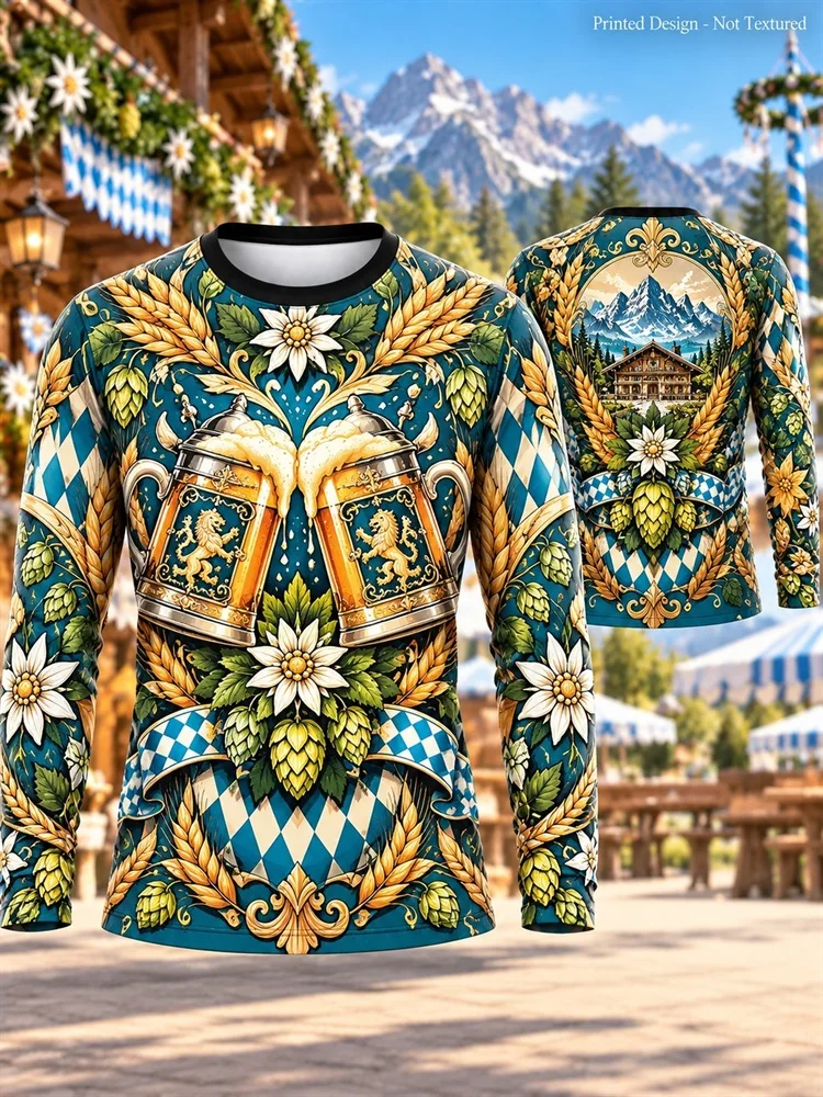 Men's Oktoberfest Bavarian Beer Mug Blue White Diamond Edelweiss Hops Wheat Alpine Long Sleeve T-Shirt Pullover Tops Gift