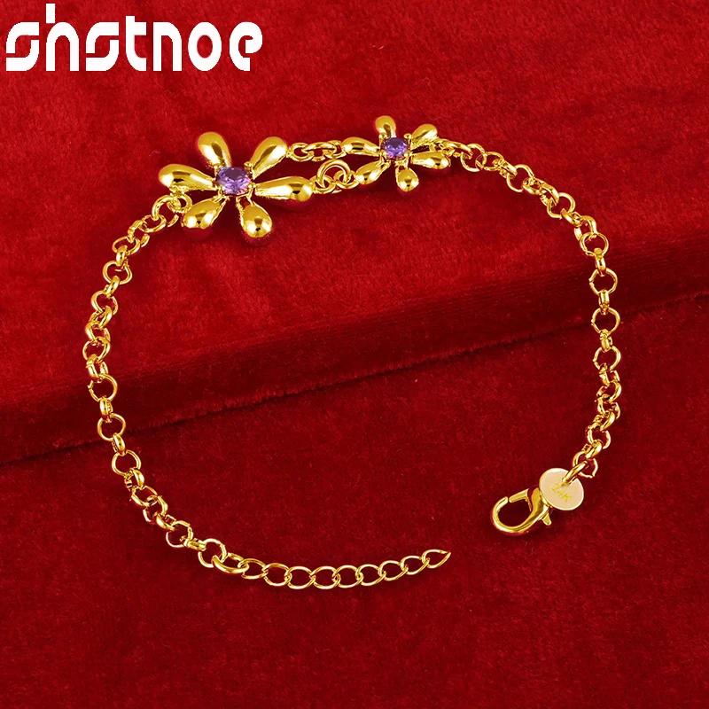 

SHSTONE 24K Gold Color Flower Purple Zircon Crystal Bracelets For Woman Party Wedding Birthday Gift Fashion Fine Bangle Jewelry