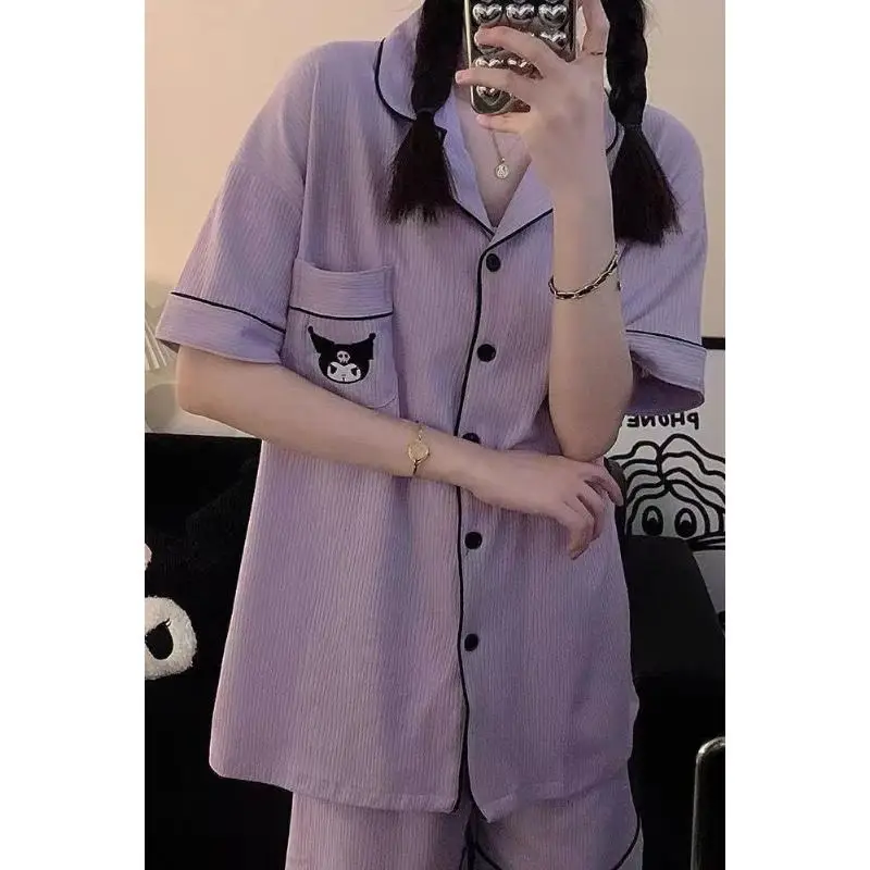 

2Pcs Sanrio Kawaii Pajamas Kuromi Summer Set Comfortable Loose Soft Sweet Fashion Simple Cartoon Home Clothing High End Gifts