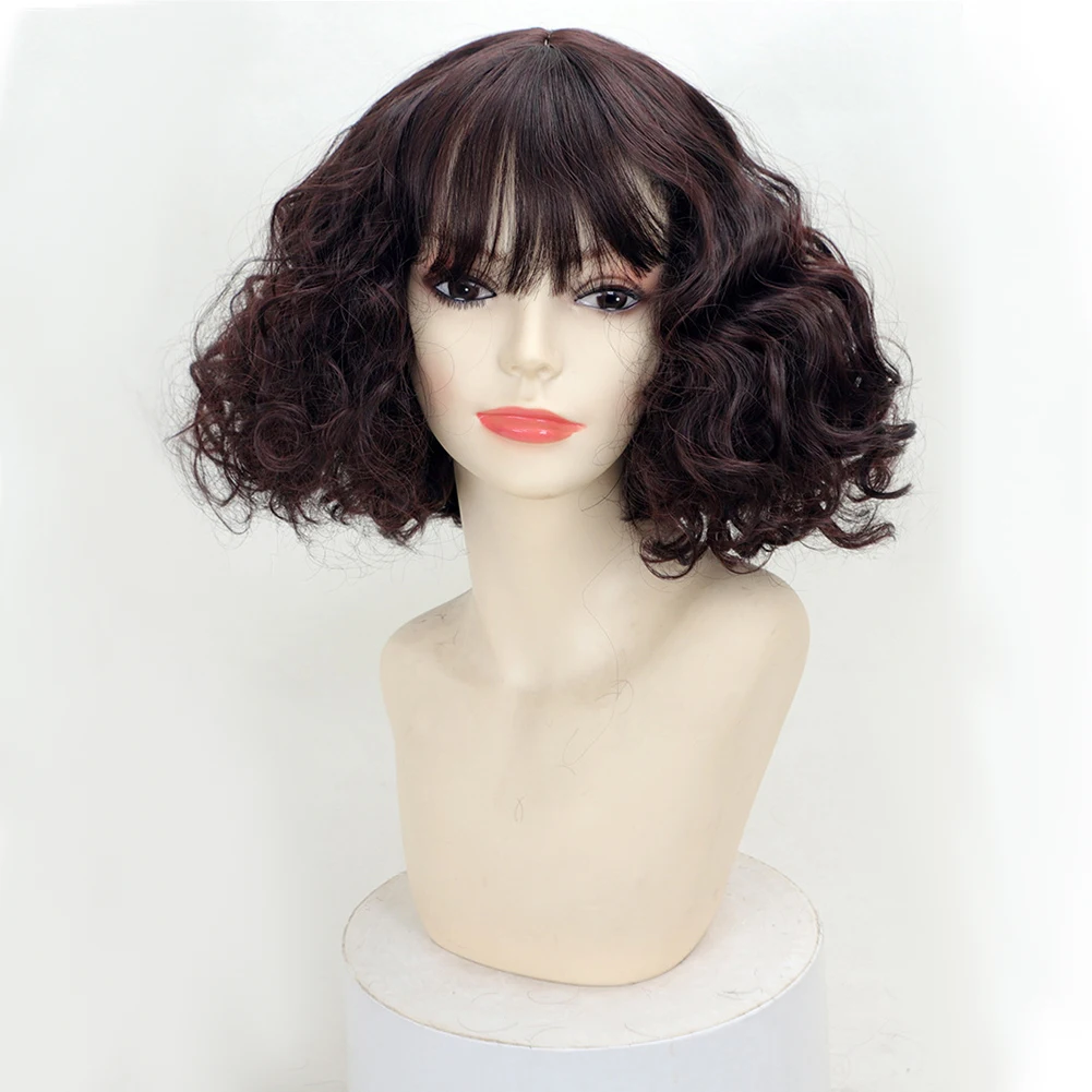 

Belle Show Short Curly Wig With Bangs Synthetic Bob Wig Natural Bouncy Curly Wig Heat Resistant Natural Wigs for Women