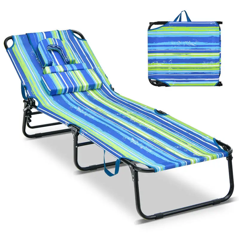 

Beach Chaise Lounge Chair with Face Hole and Removable Pillow-Blue & Green
