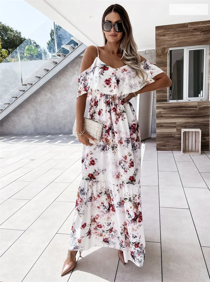 Women Summer Cold Shoulder Dresses Casual Spaghetti Straps Floral Maxi Boho Dress