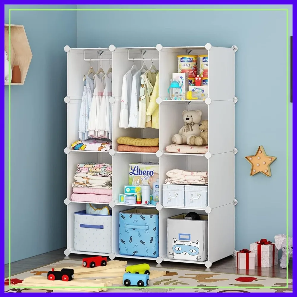 

Kids Closet Organizer, Portable Wardrobe with 12 Cubes, White, for Bedroom & Nursery