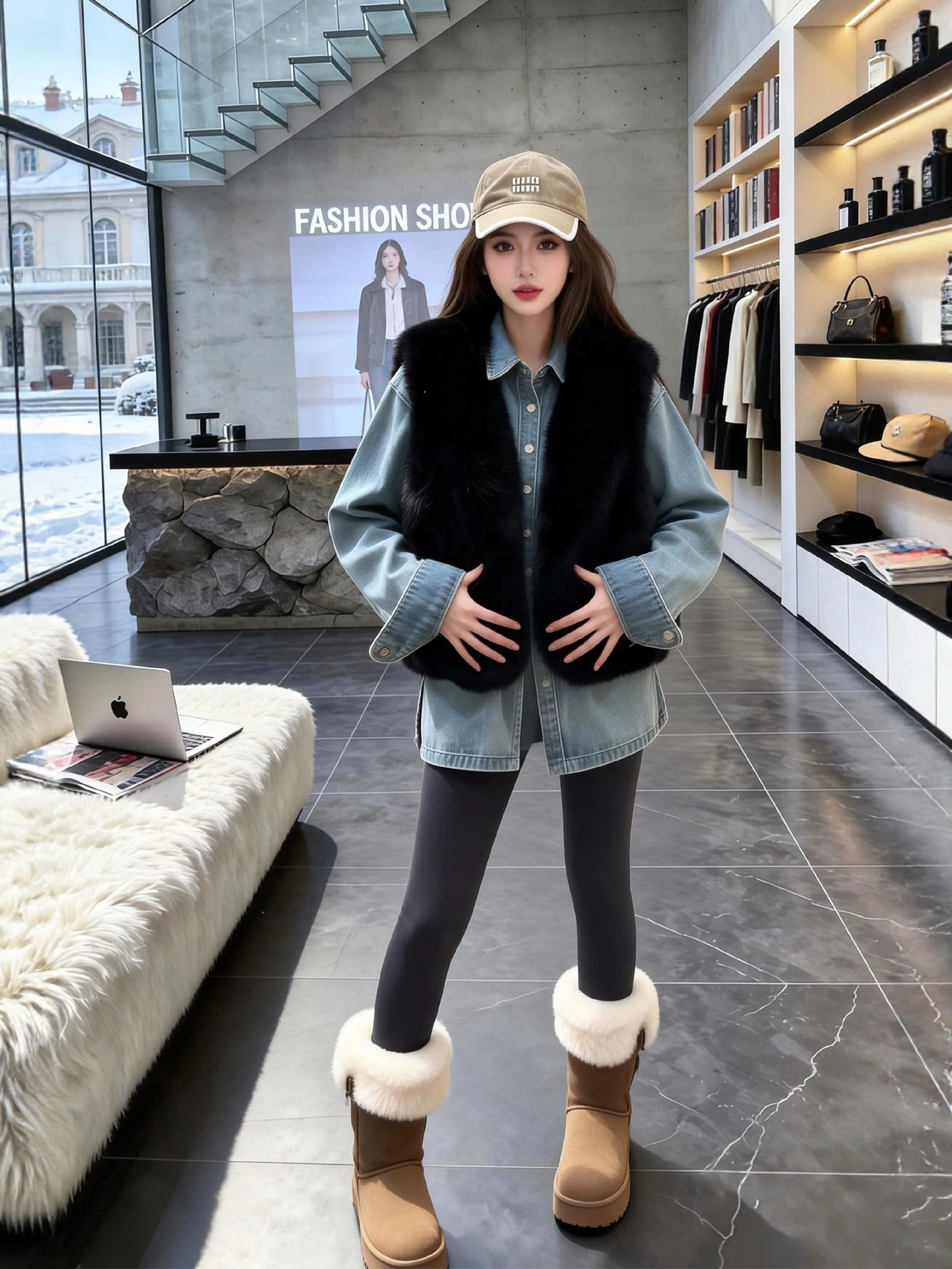 

Зимний модный комплект: джинсовая куртка больших размеров и меховой жилет в корейском ретро-стиле, теплый и стильный наряд для многослойного образа