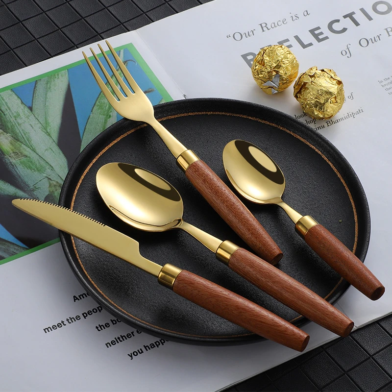 4 Pcs Cutlery Set with Wooden Handles Gold Stainless Steel Knife Fork Spoon Teaspoon Dinnerware Set Tableware Kitchen Utensils