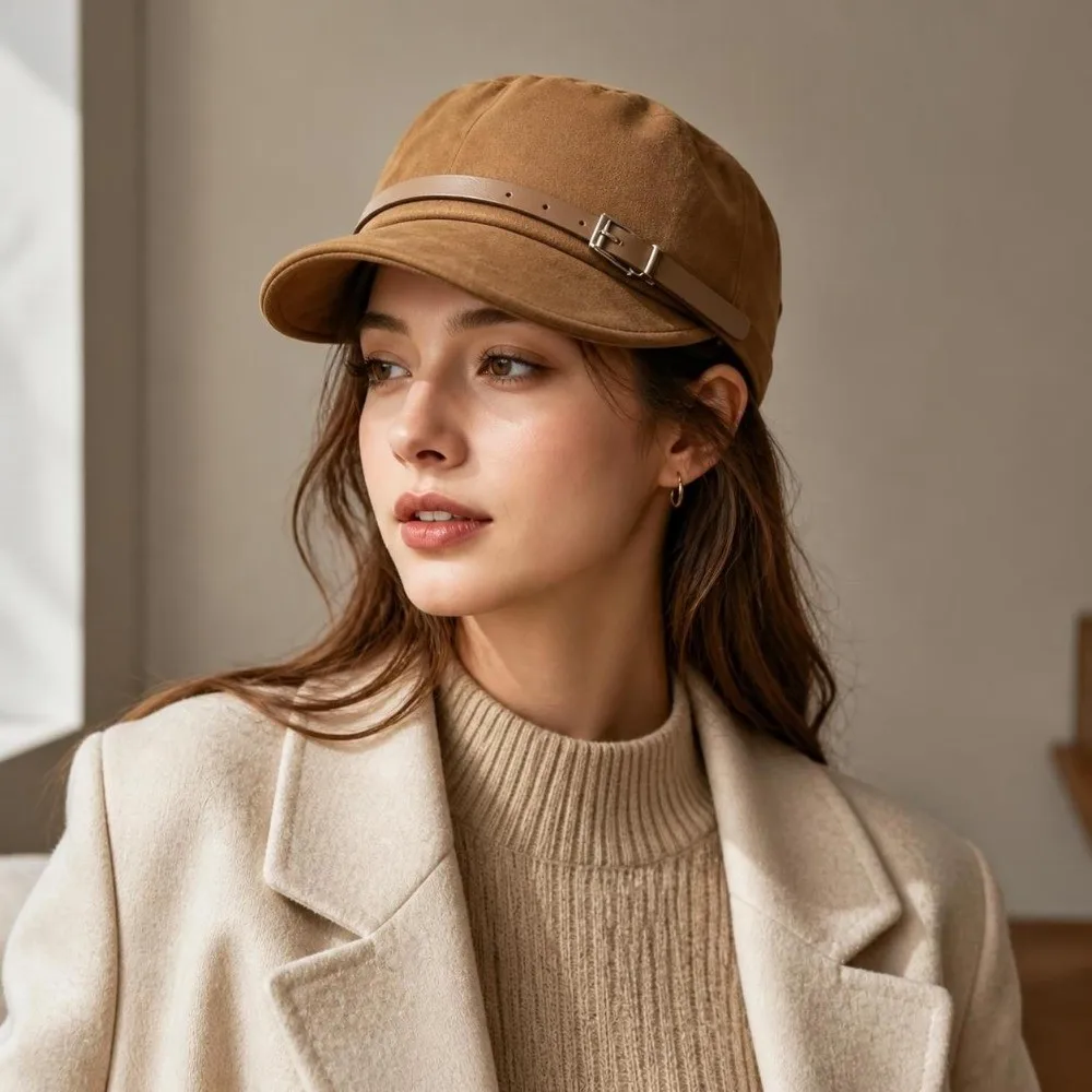 Elegant Soft Faux Suede Newsboy Cap Leather Belt Buckle Adjustable Visor Cap Beret Hat Autumn Winter