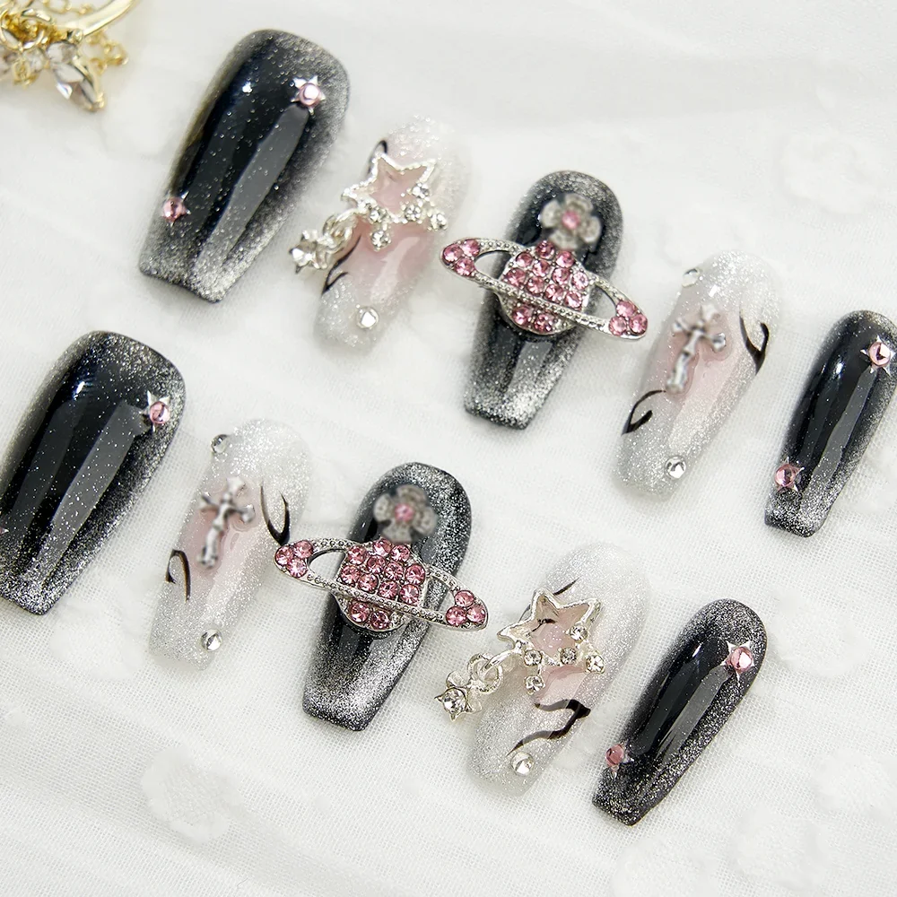 10Pcs Press on Acrylic Nails Almond Y2K Fake Nails Black Pink Gradient  Full Cover Long False Nails for Women Girls