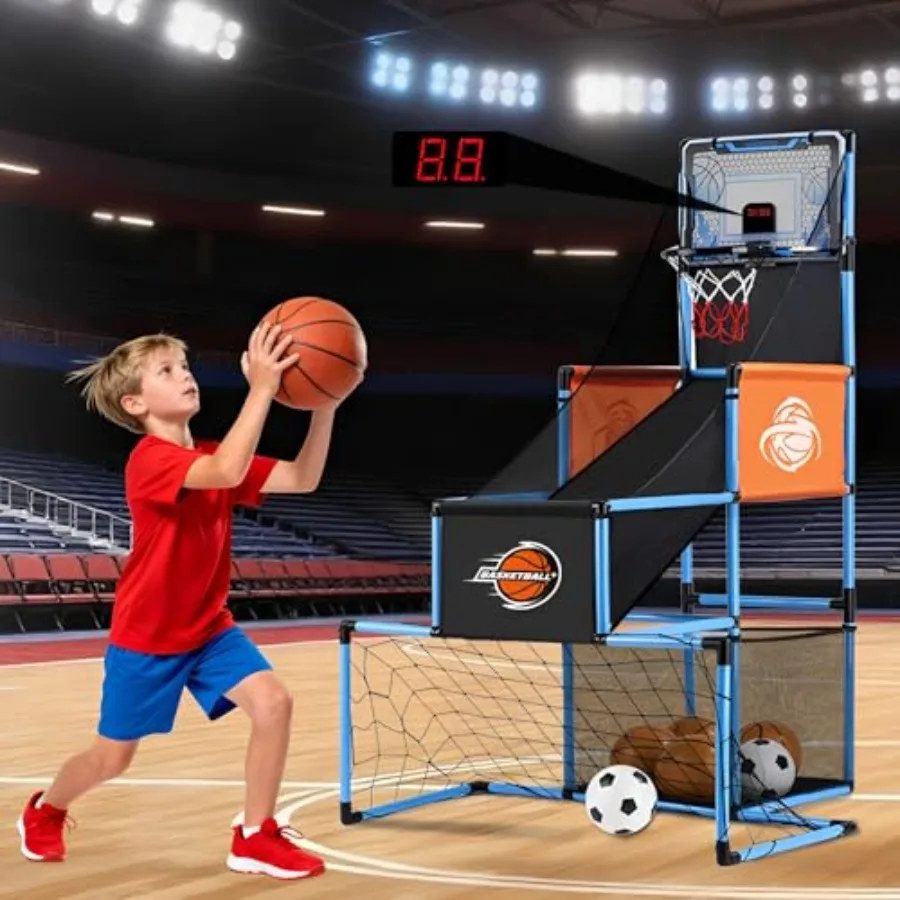 

Indoor Outdoor 2-in-1 Basketball Arcade Game Soccer Goal for,Adjustable Hoop with 6 Balls and Pump, Blue/Red, Durable Plastic,
