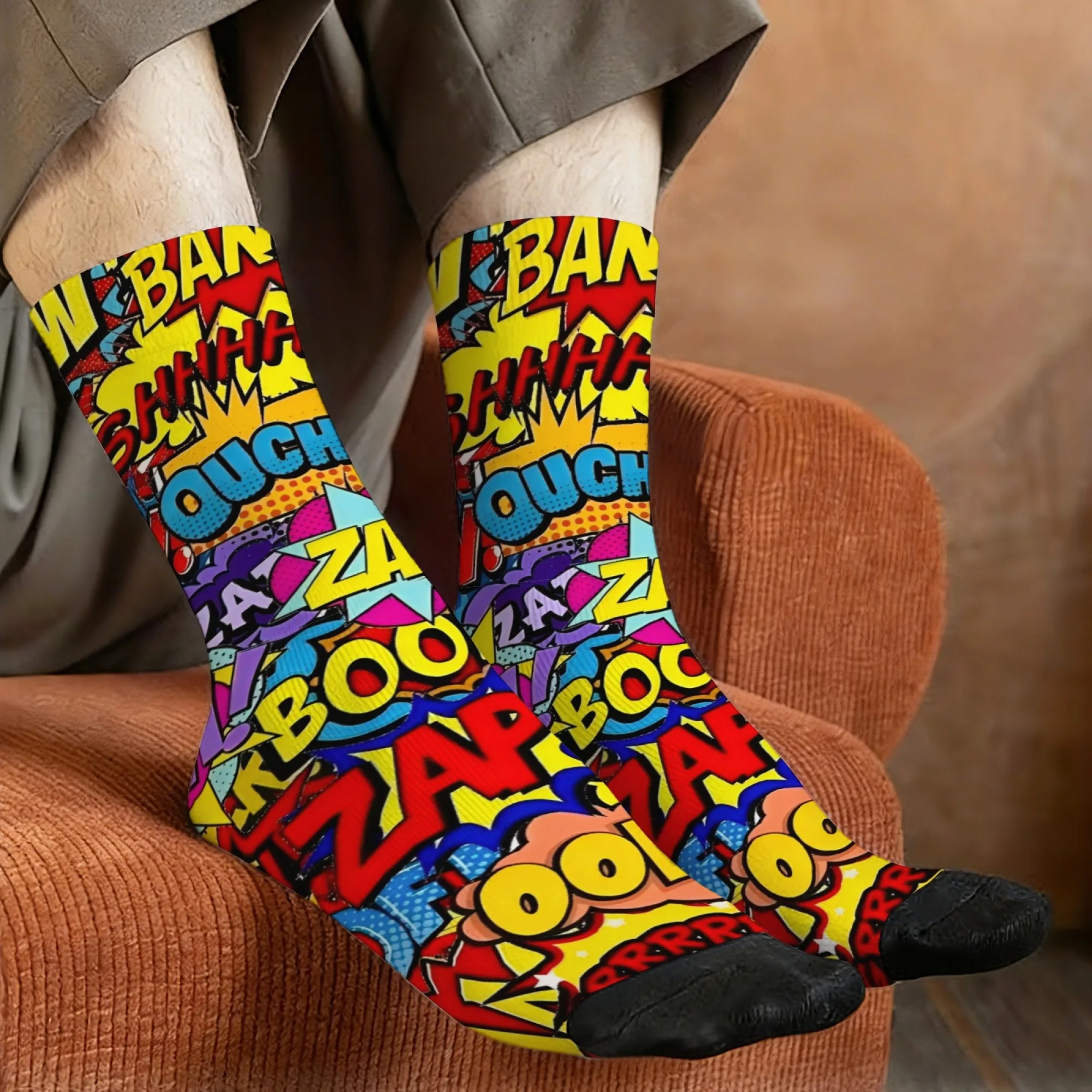 1 Pair Pop Art Unique Men Crew Socks Featuring A Trendy Street Hip-Hop Happy Boom Letter Print Design Amusing Party Socks