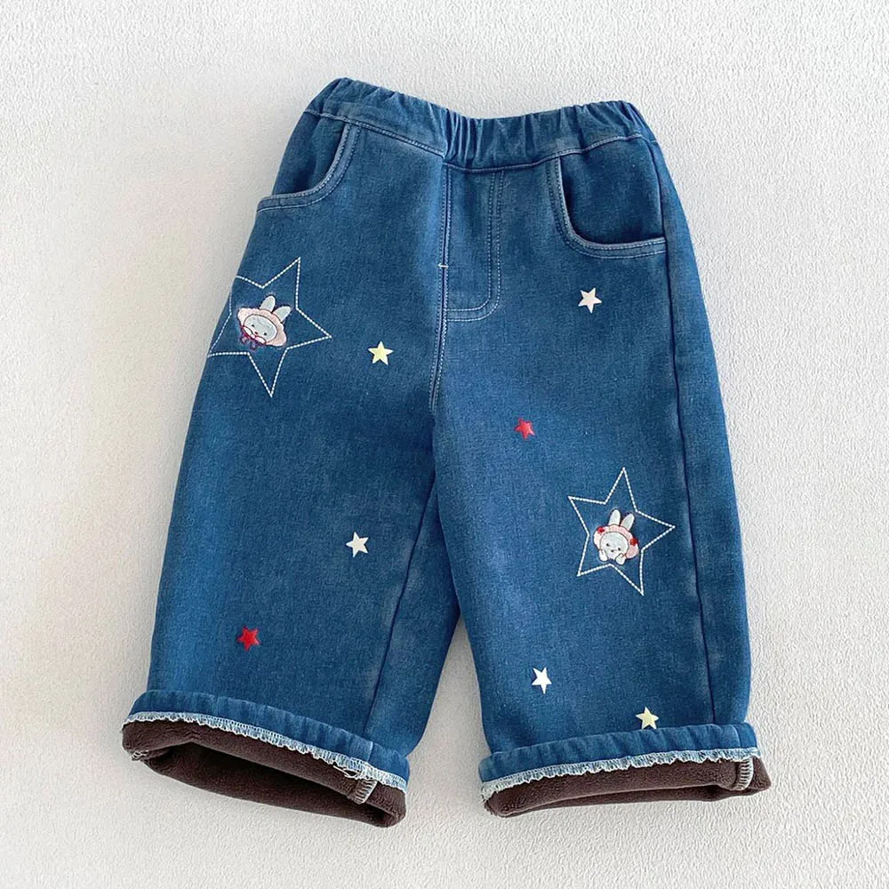 Girls Jeans Fleece Thicken Warm Winter Snow Childrens Boutique Clothing Blue Denim Fashion Toddler Pants