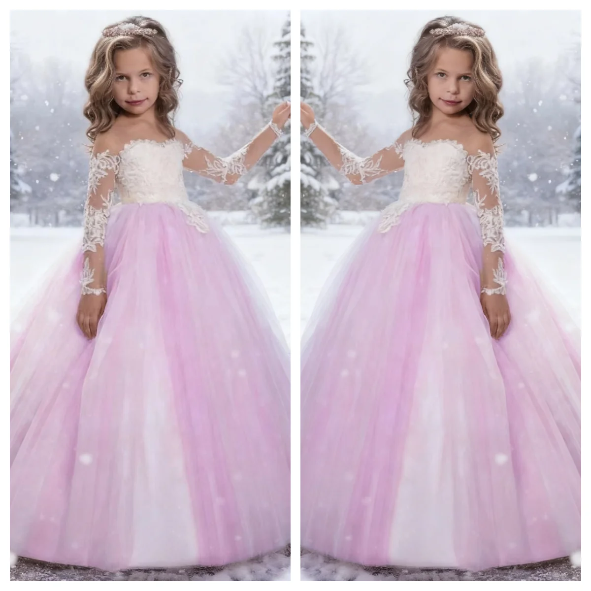 Robe à fleurs rose clair personnalisée pour filles, avec appliques blanches, manches longues, pour mariage, fête d'anniversaire et Communion