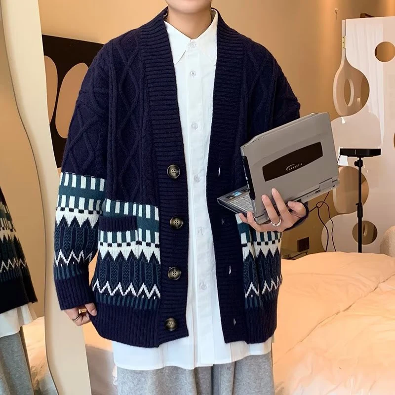 

Мужской свободный вязаный свитер-кардиган с длинным рукавом и V-образным вырезом, осенне-зимний, повседневный, в стиле ретро, японский, для пар, в университетском стиле
