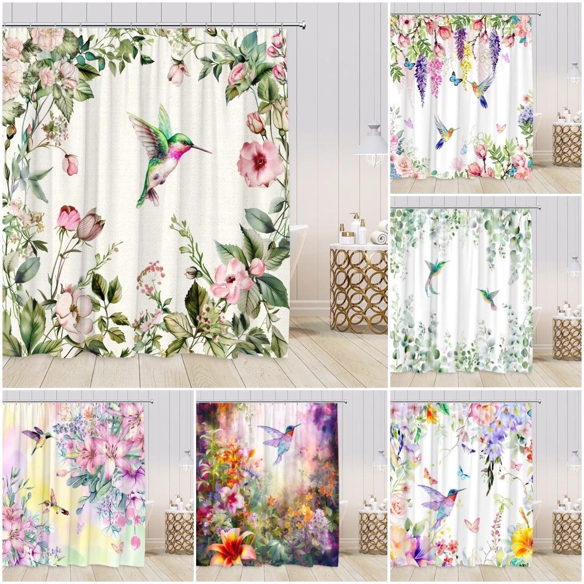 Hummingbird Floral Shower Curtains Birds Blooming Flowers Colorful Blossom Greenery Plants Modern Spring Bathroom Curtain Decor