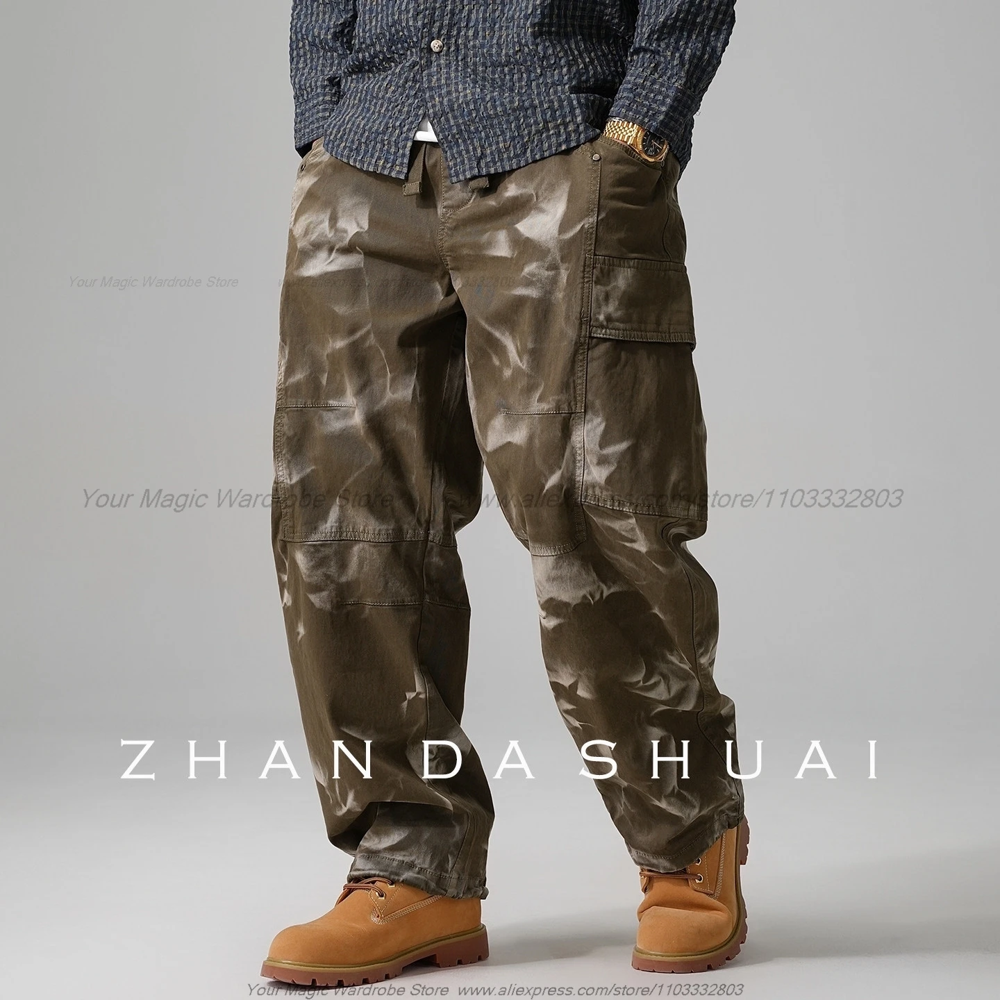 2026 Retro Handsome Distressed Post-Apocalyptic Wasteland Style Large Pocket Overalls Male Straight Loose Wide-Leg Pants