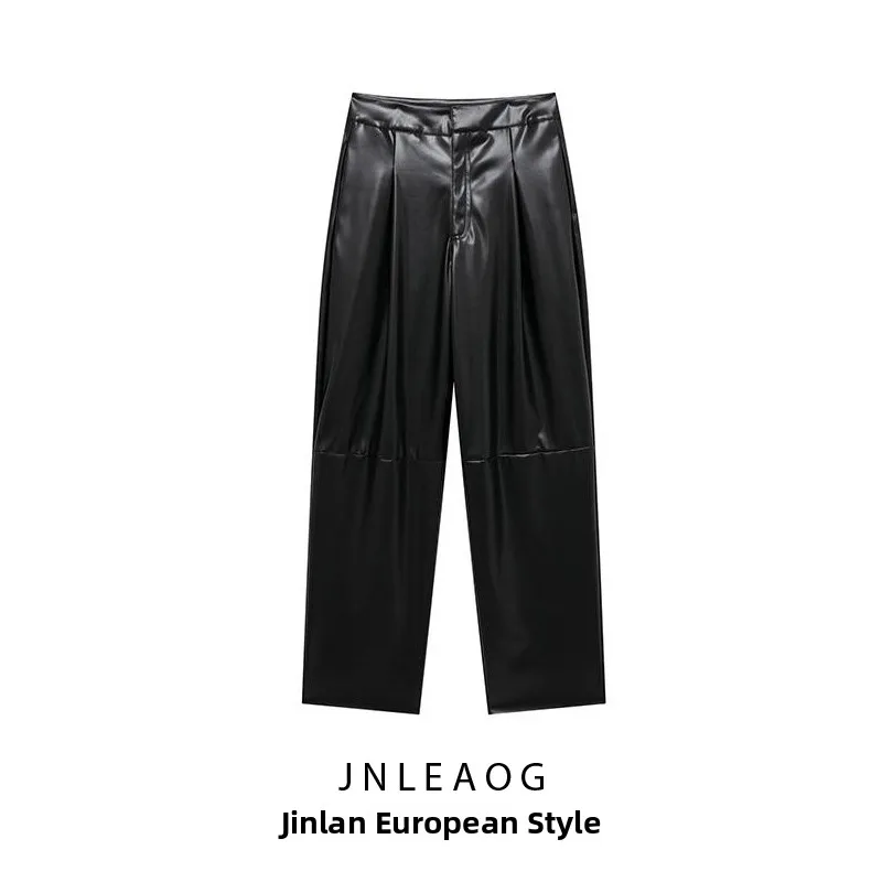 JNLEAOG Women's Pure PU Leather Pants Summer New Style Versatile Balloon Silhouette Straight Leg Casual Trousers