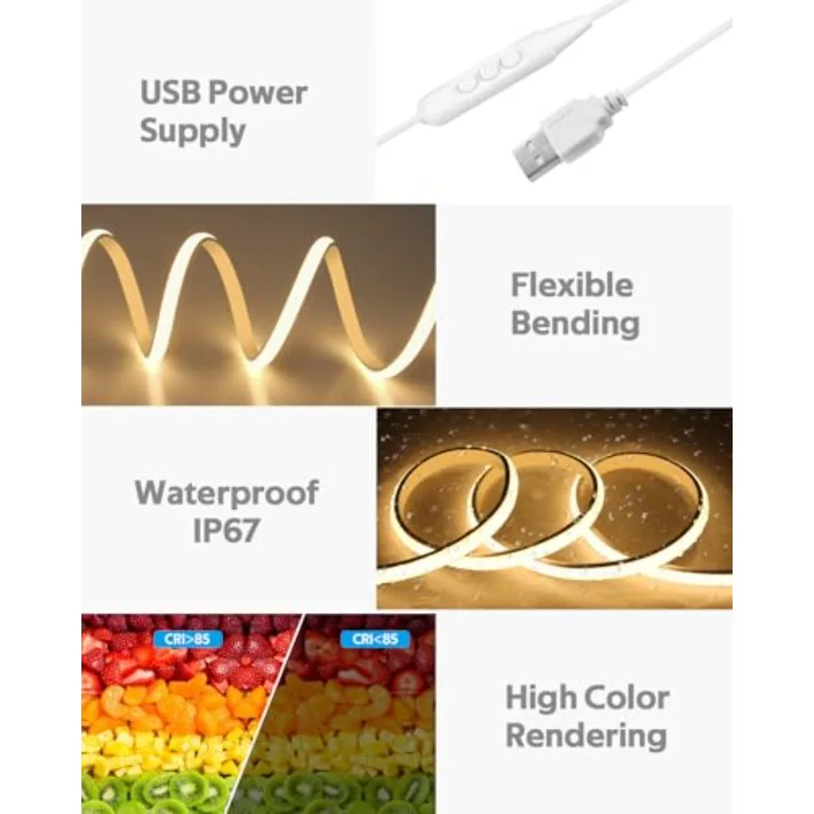 COB LED Strip Light 5V USB Powered 3.3FT/ Dimmable LED Tape Light 3000K with Dimmer 320LEDs/M Flexible LED Rope Light Waterproo