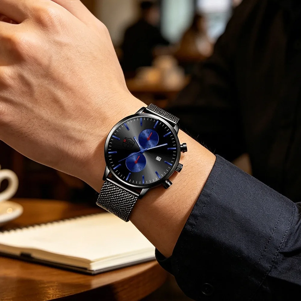 Luxury Men Minimalist Quartz Watch, Black Mesh Steel Strap Men Wrist Watch, Business Casual Date Watch（box Is Not Included）