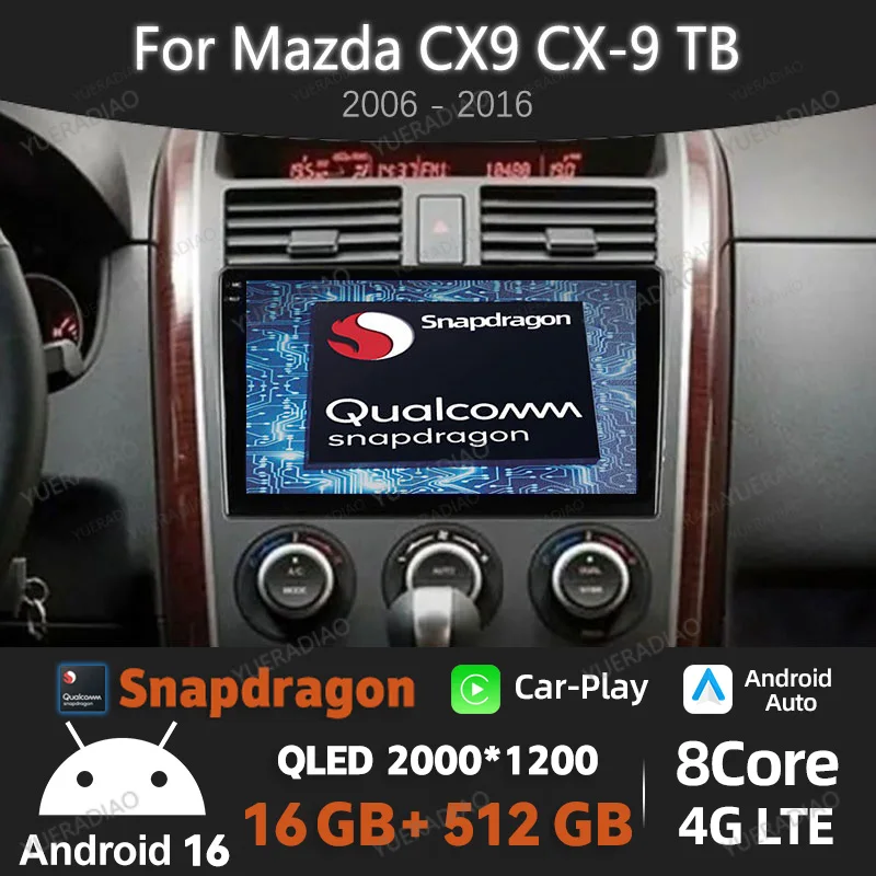 Android 16 Carplay Auto For Mazda CX9 CX-9 CX 9 TB 2006 - 2016 Head Unit Multimedia Video Player 4G WIFI GPS NAVI 360 Camera DSP