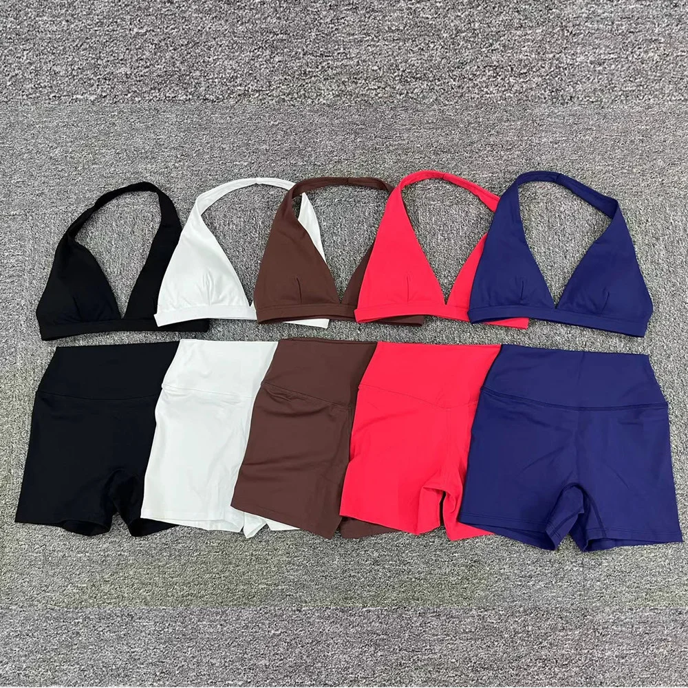 1/2PCS Deep V Bra Gym Halter Yoga Set Women Gym Sportswear Outfits Workout Fitness Shorts For Female Workout Active Wear Suit