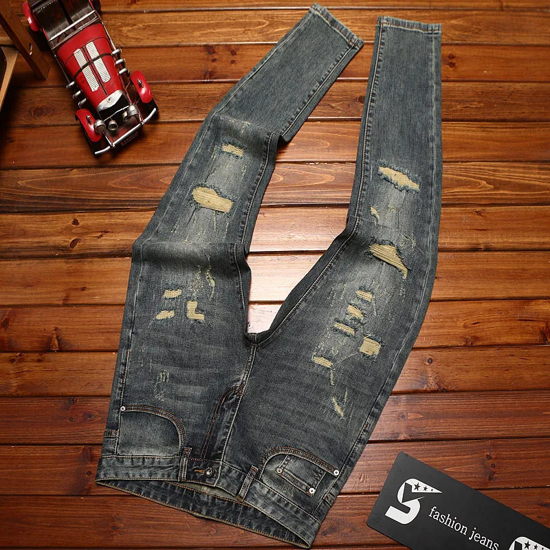

High end heavyweight jeans for men, slim fit, small feet, high street Ruff, handsome street fashion, long pants