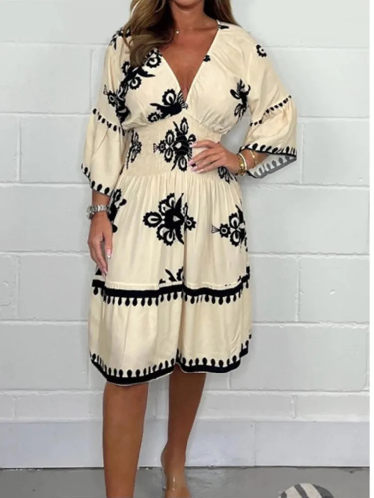 

Spring Summer 3/4 Sleeve Party Midi Dresses Fashion Women V Neck Waist Tuck Printed Dress Elegant Female Casual Dress Vestidos