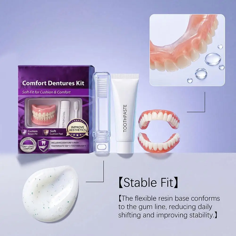 Natural Comfort Silicone Dentures Kit Temporary False Teeth Veneers with Cleaning Tools Adult Smile Restoration Oral Care Set