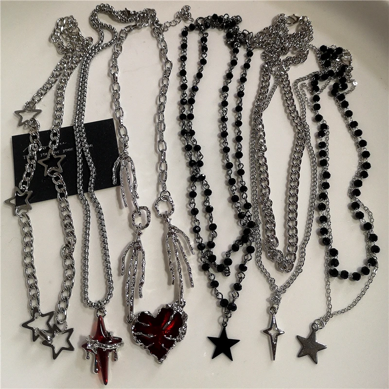 Punk Rock Y2K Schwarz Stern Kreuz Rotes Herz Anhänger Geist Klaue Halsband Kette Halskette Männer Frauen Goth Vintage Grunge EMO Zubehör – Detail 2