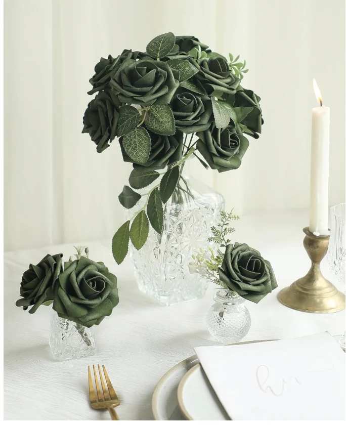 Artificial Flowers 25pcs Real Looking Emerald Green Foam Fake Roses with Stems for DIY Wedding Bouquets Bridal Shower Centerpiec