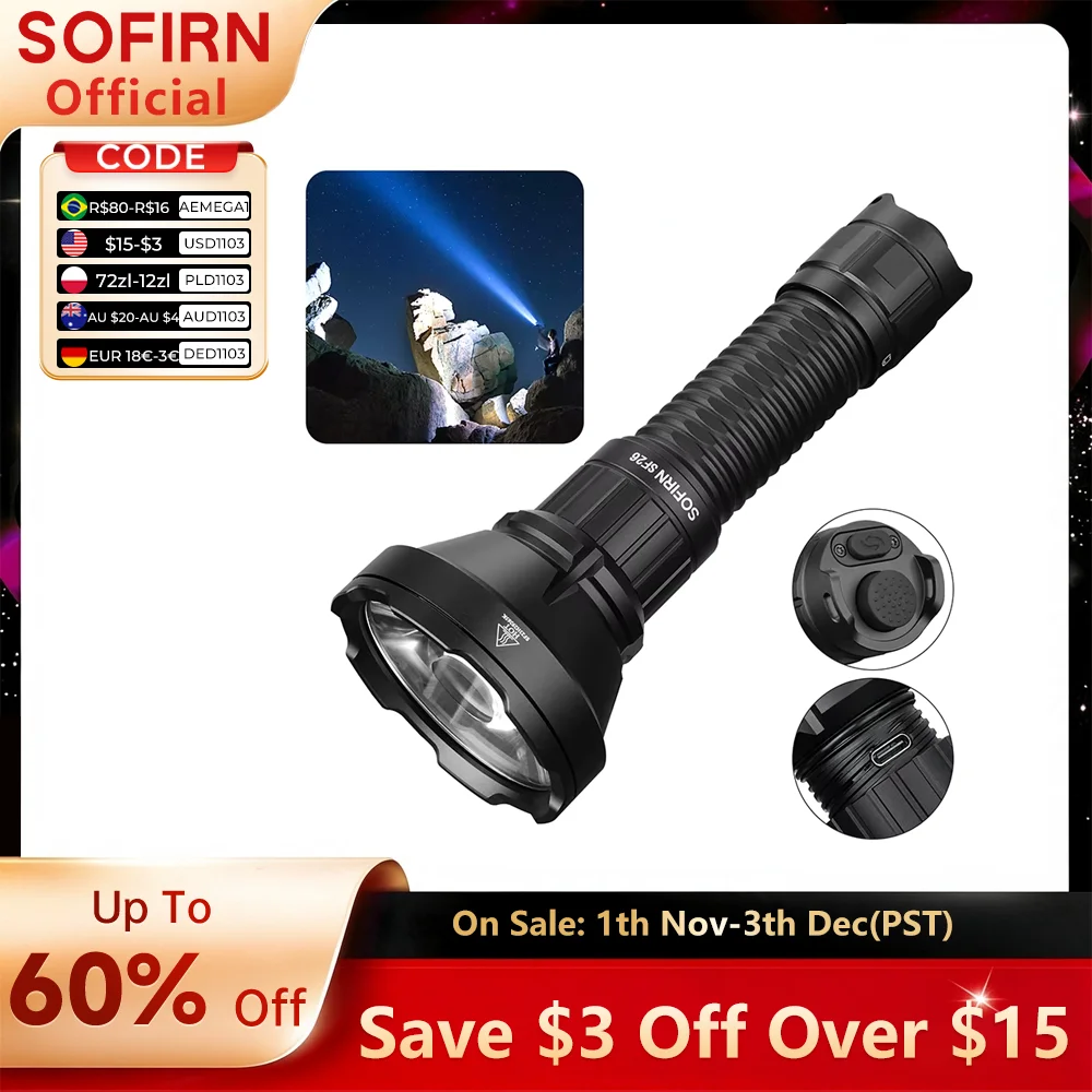 Sofirn SF26 21700 Tactical Flashlight 2000lm 964m Long-Range USB C Rechargeable Torch with Double Tail Switch IPX-8