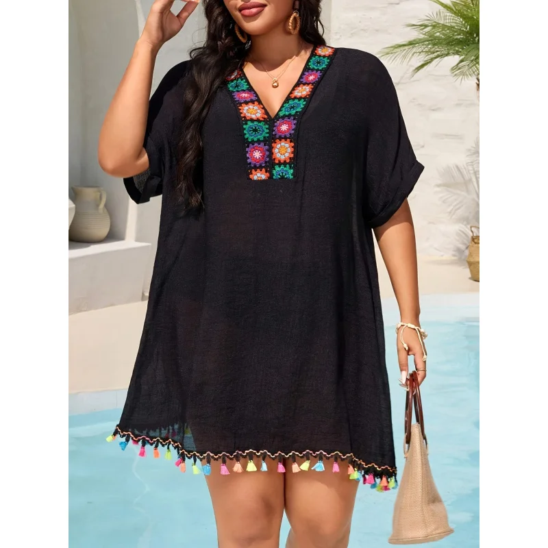MOXDOWomen's Plus Size Bohemian Crochet Beach Dress, Loose Flowy Vacation Cover-up with Tassels view 4