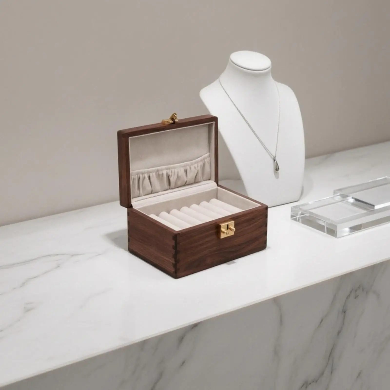 Walnut Jewelry Box with Hinged Lid Solid Wood Jewelry Box with Padded Bracelet Holders Accessory Case Secure Lockable