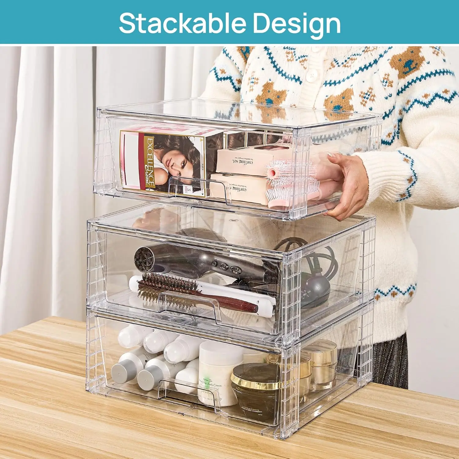 Large Clear Stackable Storage Drawers, 2-Pack Acrylic Organizers for Bathroom Closet Kitchen Pantry
