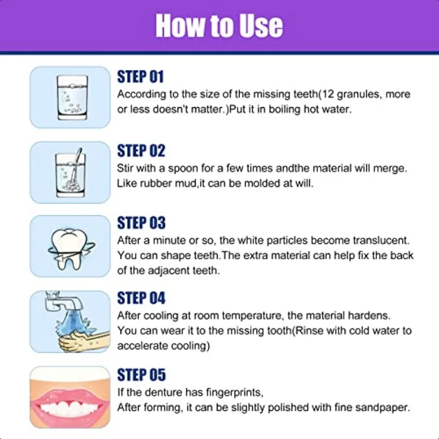Kit de reparación de dientes, Kit de reparación de relleno de dientes moldeable con 4 herramientas dentales que fijan los reemplazos de dientes faltantes y rotos, Make Yo