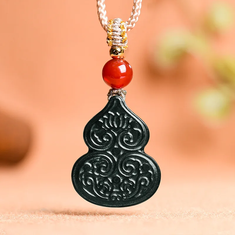 Natural Old Material Hetian Black Jade Gourd Pendant, Men'S And Women'S Antique-Style Jewelry