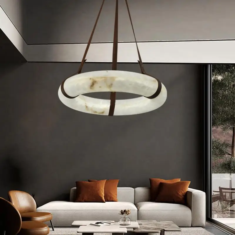 Modern Faux Alabaster Chandelier Leather Strap Pendant Light Led Circular Hanging Lamp For Living Room Dining Room Home Decor