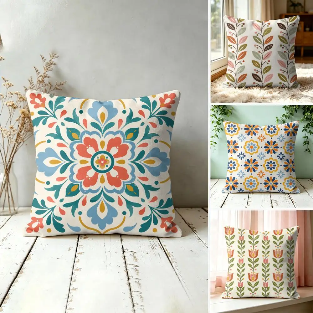 Mexican Folk Tile Floral Vine Pillow Case Double-Sided Plush Sofa Cushion Covers Organic Breathable Invisible Zipper