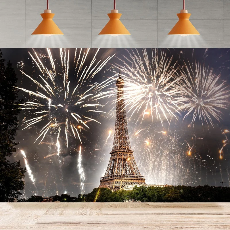 Eiffel Tower Photography Backdrop for Party Happy New Year Fireworks World Famous Building at Night Background Paris Theme