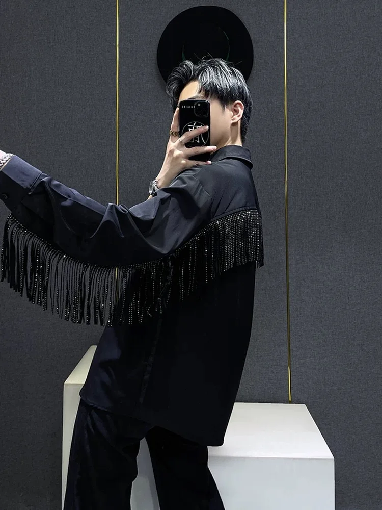 المتخصصة نمط الظهر شرابة الربط موضة أسود أبيض كم طويل قميص الرجال 2025 الصيف الشارع قمصان أنيقة غير رسمية