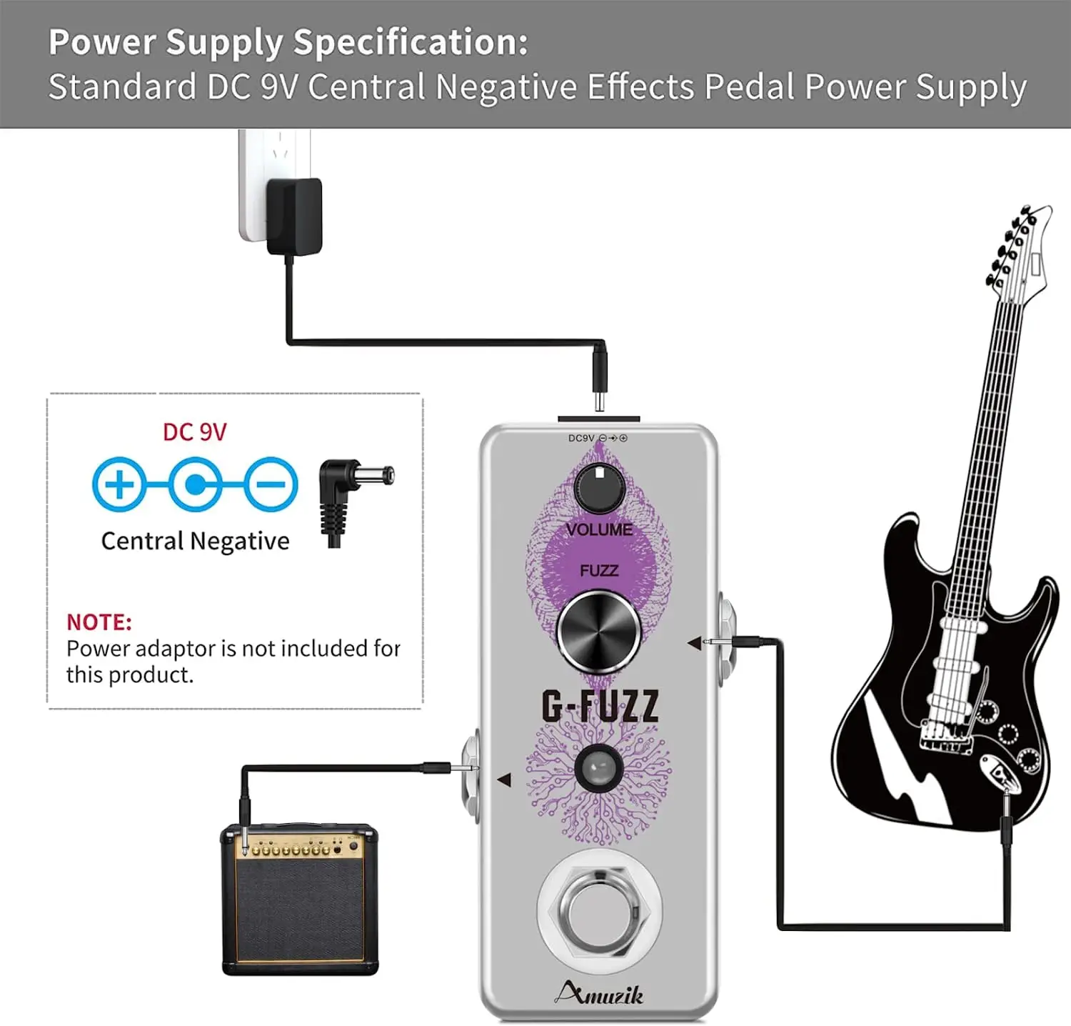 Amuzik G-Fuzz Effect Pedal Analog Fuzz Classic Guitar Effecs Pedals Mini Size Ture Bypass for Pedalboard