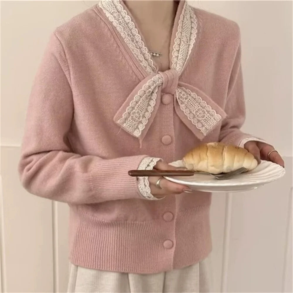 

Vintage Sweet Bow Knitted Cardigan Women Lace Patchwork Button Sweater Spring Autumn Female Long Sleeve Casual New Outwear