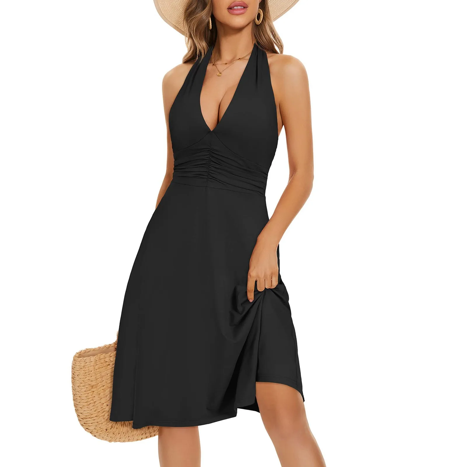 Slim French Vantage Halter Dress Women’s Deep V-Neck Sleeveless Sexy Knee Length Dresses Solid Color Elegant Party Dress