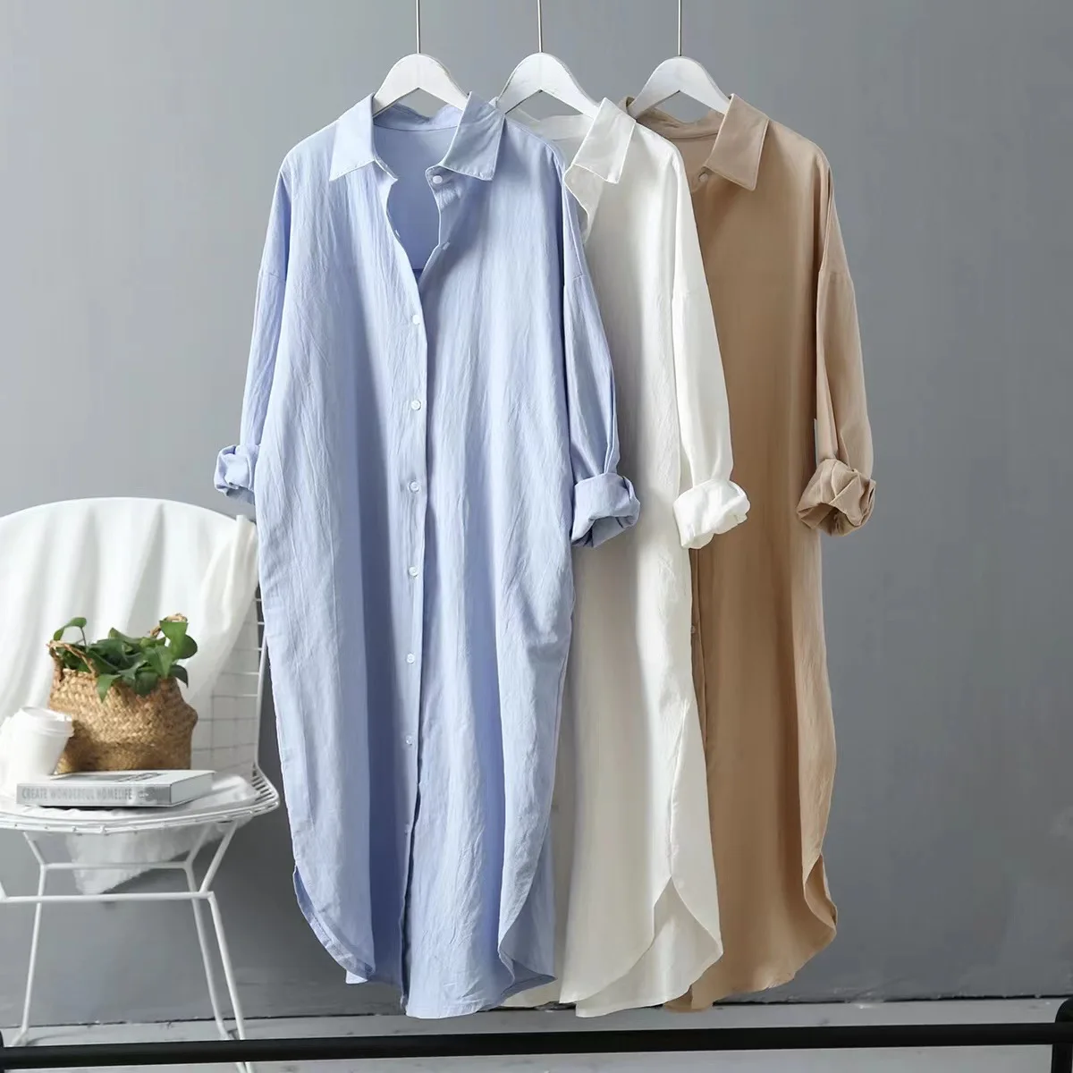 2024 Spring/Summer Lazy Style Dress Simple Long Over Knee Shirt Coat Cotton Linen Loose Fit Dress Thin Women's Sunscreen Coat