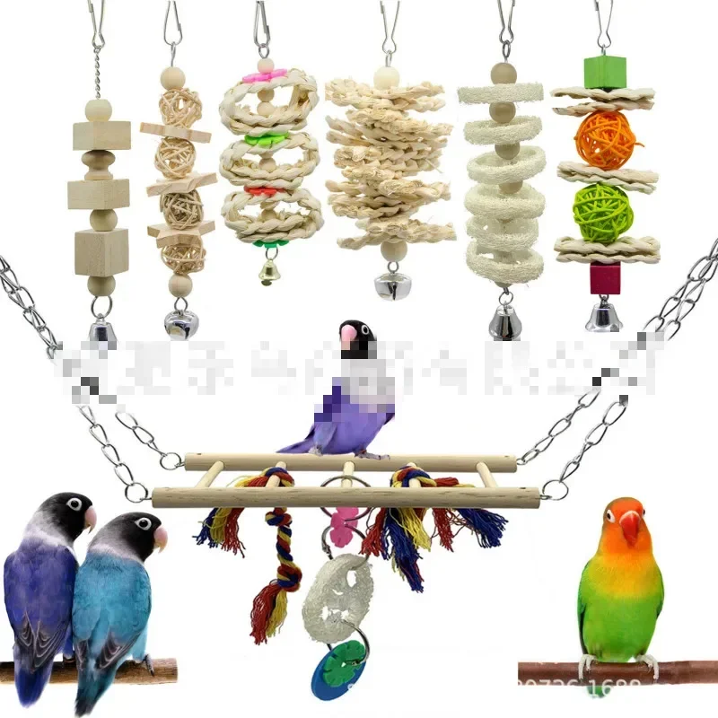 A 7pcs Parrot Toy Primary Color Set Suspension Bridge Rattan Ball String Towel Gourd Piece String Toy Combination Bird Toy