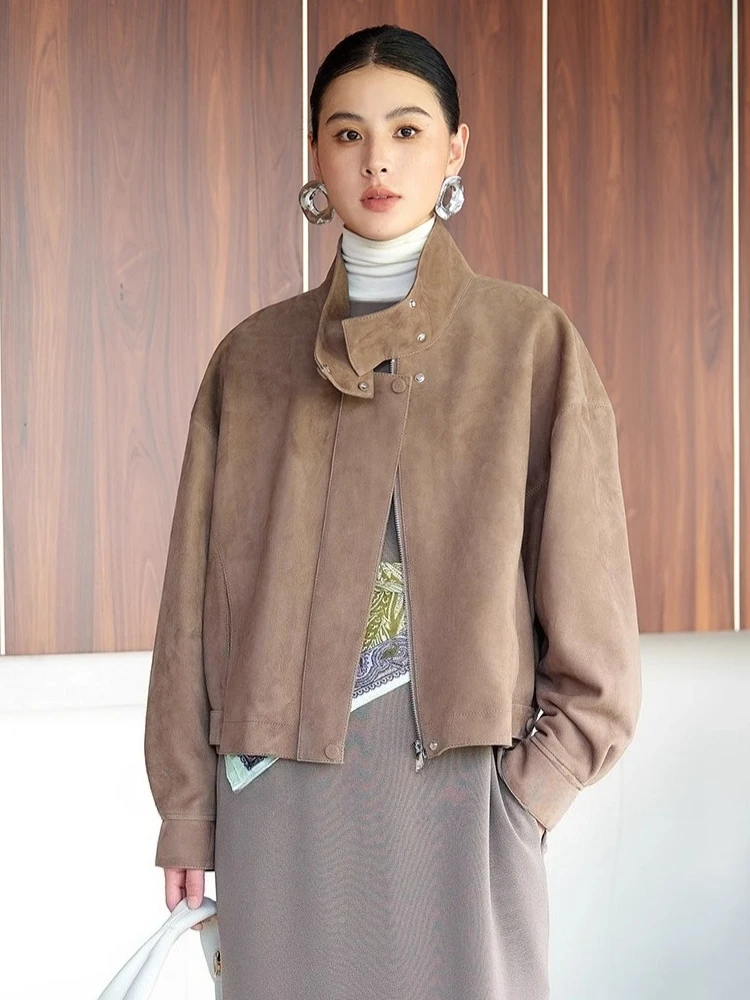 

Vintage Short Genuine Leather Suede Jackets for Women Autumn Winter 2026 New High-end Simple Stand Collar Real Sheepskin Coat