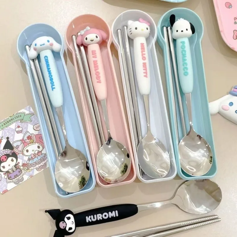 Sanrio Cinnamoroll Portable Tableware Hello Kitty Melody Stainless Steel Portable Spoons Chopsticks Set Cutlery Camping Gifts